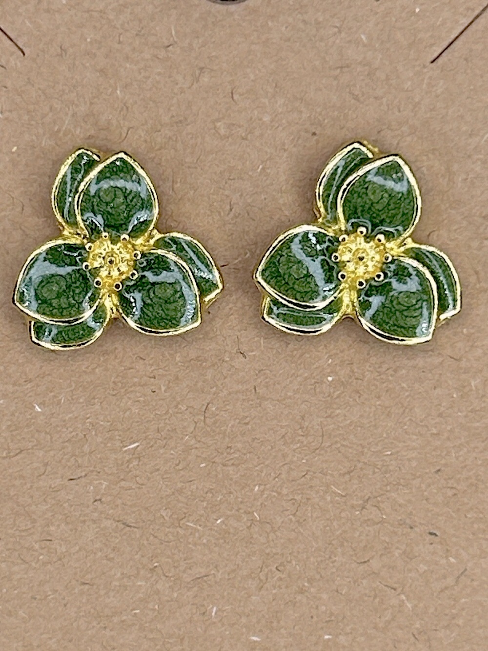 Green Floral Enamel Stud Earrings - Gold Trim Fashion Jewelry